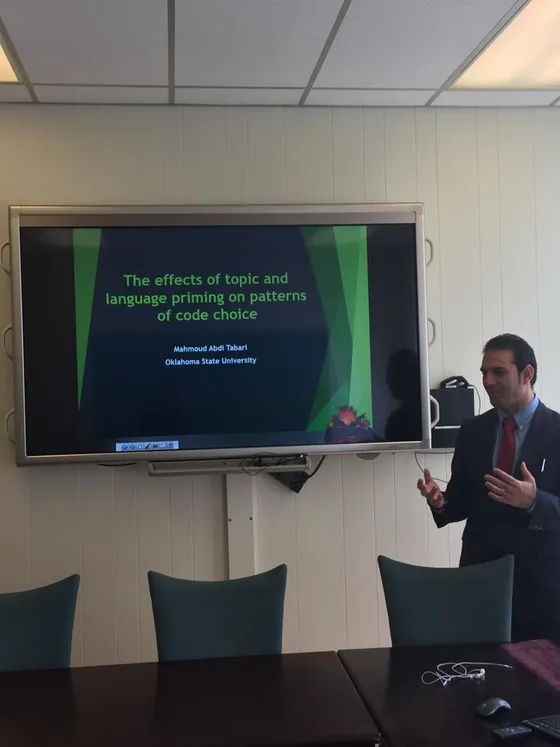 Mahmoud Abdi Tabari presenting “The effects of topic and language priming on patterns of code choice” at Oklahoma State University