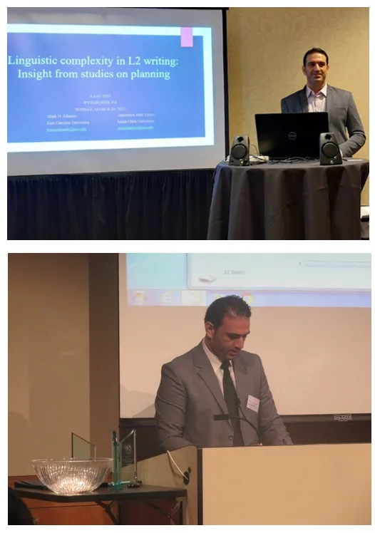 Two photos: Mahmoud Abdi Tabari presenting “Linguistic complexity in L2 writing: Insight from studies on planning” at AAAL 2022 in Pittsburgh, and speaking at a conference podium