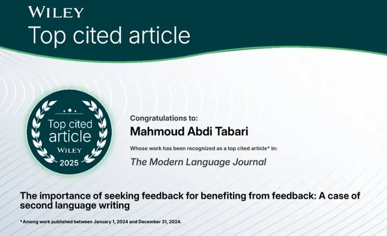 Wiley Top Cited Article 2025 certificate for Mahmoud Abdi Tabari, The Modern Language Journal